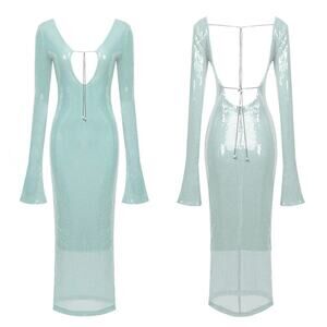 Long Sleeve Sequin Backless Maxi Dress Small